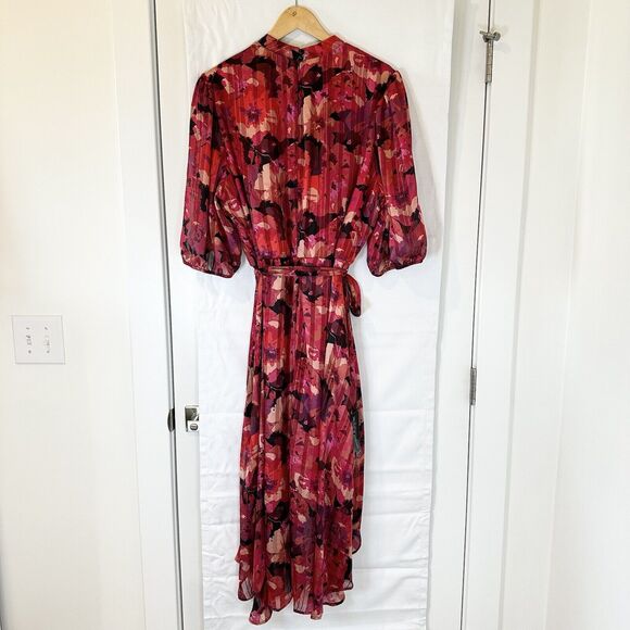 Lane Bryant Dress 18 Red Floral Balloon Sleeve 80s Midi High Low Party Wedding - Picture 8 of 16